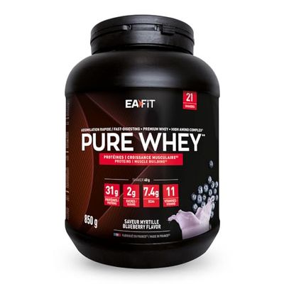 EAFIT Pure Whey Myrtille | Protéine | 32g de protéines Whey+7,6g de BCAA/shaker+magnesium | Musculation, Maintien et construction de la masse musculaire| Whey protein pour le sport | 850g
