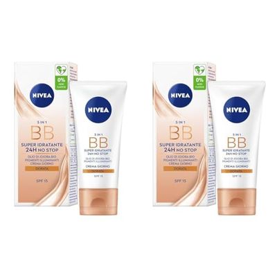 NIVEA ESSENTIALS BB Cream Super-Idratante 24H No Stop 50 ml, Crema Giorno SPF15 Uniformante, Crema viso Pigmentata, Crema Idratante con Olio di Jojoba Bio e Minerali (Confezione da 2)