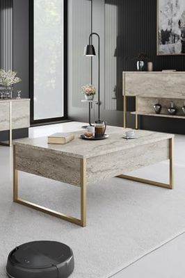 Hanah Home Elegancki stolik kawowy, trawertyn i złoto, 90 x 60 x 40 cm, 100% pokryta melaminą, grubość 18 mm, wytrzymałe metalowe nogi, nowoczesne wzornictwo marmurowe