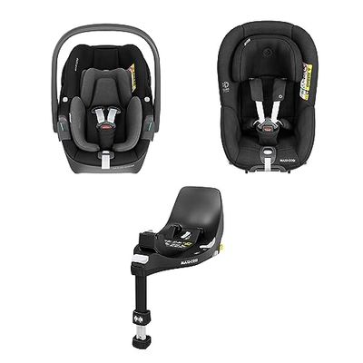 Maxi-Cosi Pack FamilyFix 360 i-Size Base, Pebble 360 i-Size Silla Coche Bebe, Pearl 360 i-Size Silla Coche Niño Pequeño - Giro FlexiSpin con 1 Mano, Click & Go, 0-4 años, 40-105 cm, Black