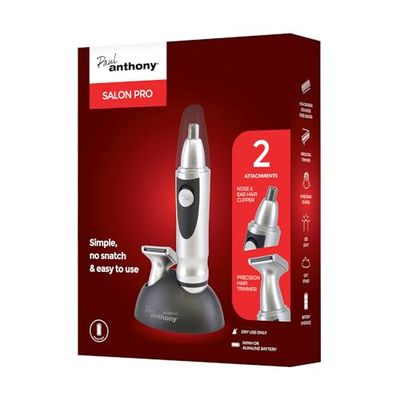 Paul Anthony Salon Pro Nose & Beard Trimmer - High Carbon Steel Blades - Nasal Clipper & Trimmer Heads - LED Light Illumination - Battery Operated - Includes Stand - Silver - H5130BK