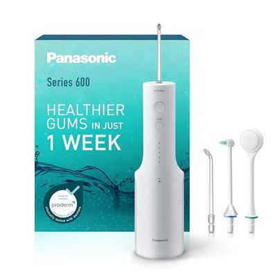 Panasonic Serie 600 Hydropulseur Dentaire Ultrasonique EW-DJ67-W303, Jet dentaire, 200ml, IPX7, 2 Embouts Standard, 1 Embout Orthodontique et 1 Embout pour la Langue, 5 Réglages de Pression, Blanc