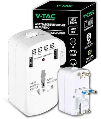 V-TAC Universele reisadapter met US-, EUROPA-, UK-, UIT-stekker met 2 USB-poorten - Internationale reisstopcontact met overspanningsbeveiliging voor elektrische apparaten