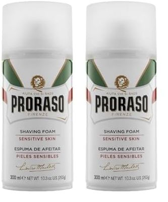 Proraso Espuma afeitar, 300 ml, crema afeitar que protege la piel sensible, gel afeitar nutritivo con extractos de avena y té verde, blanco (Paquete de 2)
