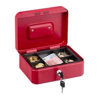 Relaxdays Caja de Dinero, Cerradura, Bandeja Extraíble, 5 Compartimentos, Cajita Hierro, 8,5 x 20 x 17 cm, Rojo, Acero