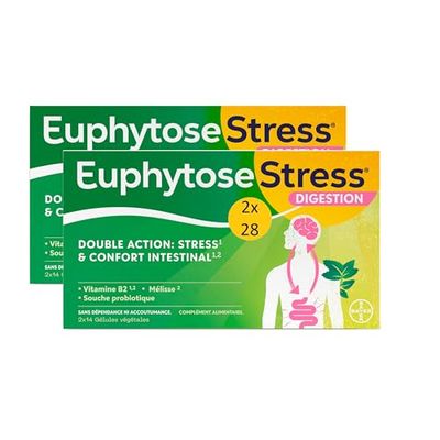 Euphytose Digestion & Anti Stress - Double Action Infoncort Intestinal & Anti Stress Adulte - Complément Alimentaire - Probiotique Flore Intestinale & Détox - Maxi Format 56 Gélules programme 1 Mois
