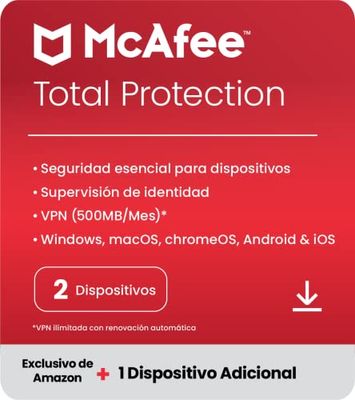 McAfee Total Protection 2024, 2 Dispositivos + 1 Adicional Gratis | Antivirus, VPN, seguridad móvil y de Internet | PC/Mac/iOS/Android|Suscripción de 1 año|Código de activación por correo electrónico