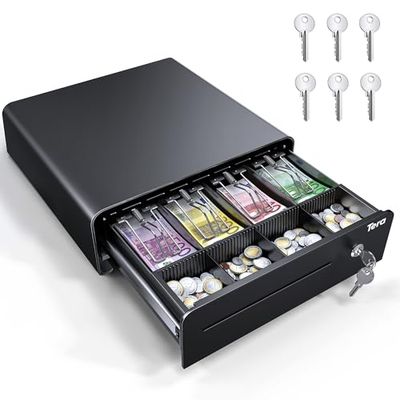 Tera Tiroir-caisse 13 pouces : ouverture automatique avec 6 clés Version lourde 4 compartiments à billets 4 compartiments à monnaie Compartiment à monnaie Tiroir multimédia 24 V RJ12 Serrure à clé