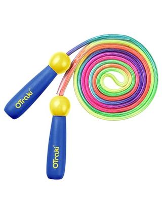 OTraki Corda per Saltare Bambino 250cm, Corda per Saltare Regolabile per 4 6 8 10 12 15 Anni Bambino/Uomo/Donne, Corda per Saltare Principiante con Manici di Legno, Blu