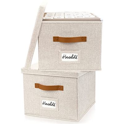 ZICOTO Decorative Ivory File Box Organizer Set of 2 - Collapsible Linen Cabinet for Easy Folder Storage - Store All Your Documents in Style