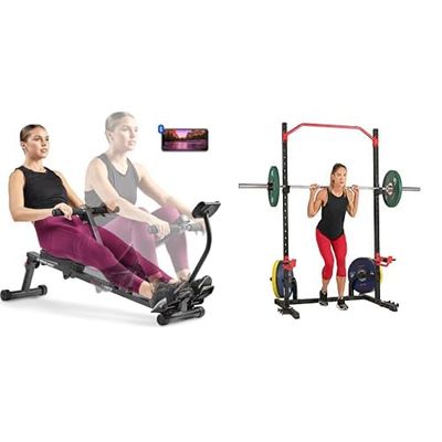 Sunny Health & Fitness Smart Compact Adjustable Rowing Machine, 12 Levels Adjustable Resistance + Power Zone Squat Stand Rack Power Cage - SF-XF9931