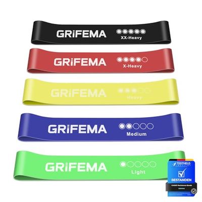 GRIFEMA GA5001 Weerstandsbanden/Fitnessband, 5 Verschillende Weerstandsniveaus Geschikt voor Yoga, Krachttraining en Pilates, Wordt Geleverd met Trainingsgids en Opbergtas