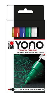 Marabu YONO 124000003999 Lot de 6 marqueurs à pointe ronde japonaise 0,5-1,5 mm à base d'eau, résistant à la lumière et imperméable à l'eau, pour presque toutes les surfaces