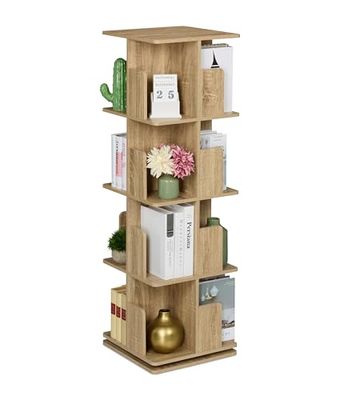Relaxdays draaibare boekenkast, houtlook, 4 etages, HBD: 125,5 x 39 x 39 cm, smalle vakkenkast voor boeken, cd's, natuur