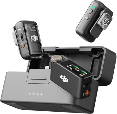 DJI Mic 2 (2 TX + 1 RX + Custodia di ricarica), microfono wireless integrato, eliminazione intelligente del rumore, registrazione interna in float a 32 bit, 250 m di distanza, per iPhone e Android