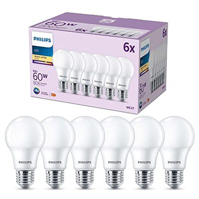 Philips LED Frosted A60 Light Bulb 6 Pack [Warm White 2700K - E27 Edison Screw] 60W, Non Dimmable. for Home Indoor Lighting