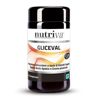 NUTRIVA Gliceval, Integratore Alimentare con Cannella, Banaba, Acido Lipoico, Cromo Picolinato, Mantenimento Livelli Normali di Glucosio nel Sangue, Controllo Fame Nervosa, 30 Compresse, Vegan