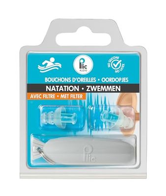 Bouchons d’oreilles natation/piscine/mer - Atténuation 18dB - Protection auditive confortable - 2+1 corolles et double filtre - Hypoallergéniques et réutilisables - PLIC AUDIO