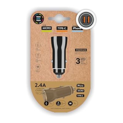 Cargador Doble para mechero de Coche, 2 Puertos USB, 2.4A - 12W, Ideal para Cargar Dispositivos móviles y Gadgets en Viajes.