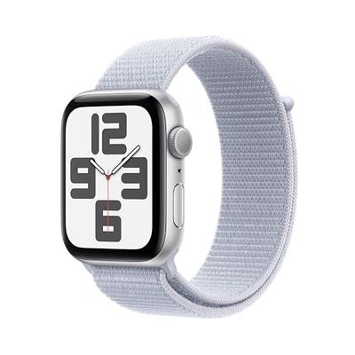 Apple Watch SE (2e gen.) GPS 44 mm Smartwatch - Kast van zilverkleurig aluminium - Ochtendblauw geweven sportbandje. Conditie en slaap bijhouden, ongelukdetectie, hartritme monitoren, CO₂-neutraal