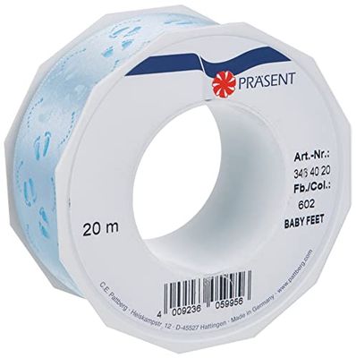 C.E. Pattberg Präsent Fita para laços (40 mm x 20 m), design dos pés do bebé, cor azul