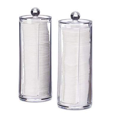 Relaxdays Cotton Pad Storage Tower Set of 2, Acrylic, Round, Lidded Bathroom Dispenser, 20x7 cm, Clear, 20 x 7 x 7cm