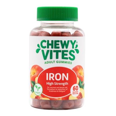 Chewy Vites Adult High Strength Iron, 60 Vitamin Gummies, 14mg Ferrous Fumerate Iron Gummies with Vitamin C, 2 Months Supply, Real Fruit Juice, Vegan, Peach Flavour