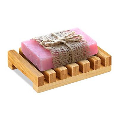 Relaxdays Tvålkopp bambu, med galler, fukttålig, tvålhållare stycktvål, BxT 11,5 x 8,5 cm, natur, 1 st