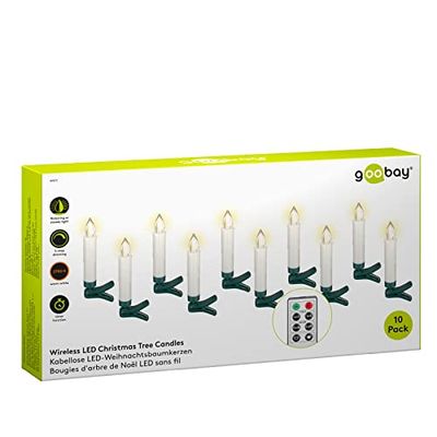 goobay 49873 Draadloze led-kerstboomkaarsen met timerfunctie, led-kaarsen met afstandsbediening, flikkerende vlam, elektrische kaarsen, boomkaarsen, set van 10, wit