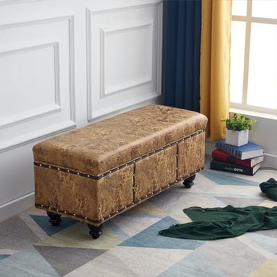 Shally Dogan Cassapanca contenitore da interno con Seduta Imbottita, Rivestimento in Finta Pelle, Pouf Poggiapiedi per Camera da Letto, Salotto, Panca Sgabello 80x40x43cm (Mostarda)