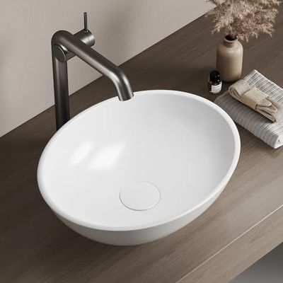 EMKE Lavabo da appoggio ovale 41,5 × 33,5 × 13 cm, Lavabo in ceramica per bagno e WC ospiti, Mini Lavabo Piccolo, Bianco