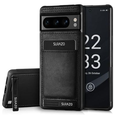 SURAZO Custodia posteriore in vera pelle per Google Pixel 8 Pro, resistente agli urti, con scomparto per carte di credito, funzione di supporto, portachiavi vintage Slim Bumper (Costa Nero)