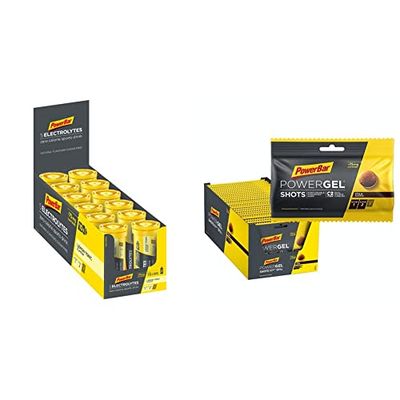 PowerBar 10 Boîtes de 12 Pastilles Effervescentes 5 Electrolytes Citron Tonic & PowerGel Shots Cola 24x60g - Gel Énergétique à Haute Teneur en Carbone + C2MAX + 75mg Caféine