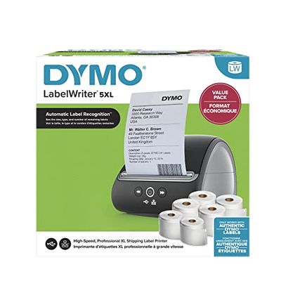 DYMO LabelWriter 5XL stampante di etichette Bundle | Riconoscimento automatico delle etichette | Stampa etichette di spedizione extra large da Amazon, DHL e molti altri | Spina UE a 2 poli