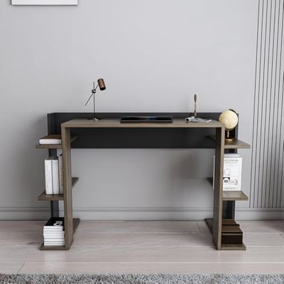 Elegante Mesa de Estudio, Nogal y Negro, 122,7 x 77 x 45 cm, 100% melamina, 18 mm de Grosor, Oficina en casa y Estudio