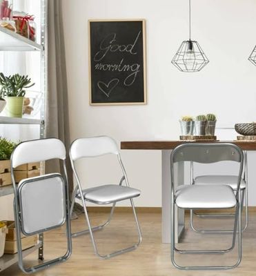 Dmora - Lot de 4 chaises Pliante Marbella, Fauteuil Gain de Place, Chaise invité, Siège de réunion en Simili Cuir, 43x47h80 cm, Blanc