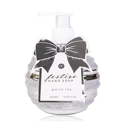 Accentra Festive Savon pour les mains dans un distributeur à pompe avec paillettes, 320 ml, savon liquide pour les mains, parfum thé blanc