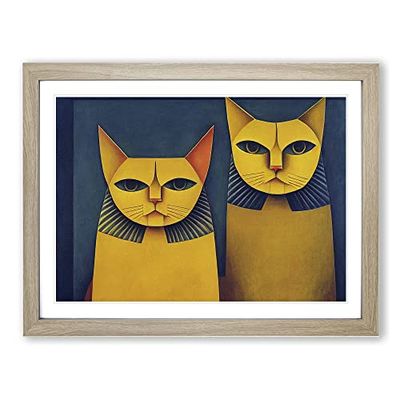 Two Egyptian Cats Abstract H1022 Framed Print for Living Room Bedroom Home Office Décor, Wall Art Picture Ready to Hang, Oak A2 Frame (64 x 46 cm)
