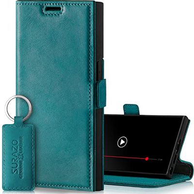 SURAZO Funda Fina magnética para Samsung Galaxy S23 Ultra de Piel, Funda de Piel auténtica Plegable [Tarjetero, protección RFID] Flip Flip Case Cover Wallet Case Cover Funda de Piel (Turquesa)