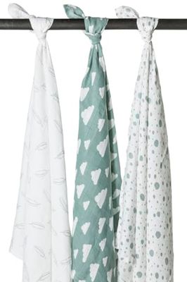 Conjunto de 3 fraldas hidrófilas Meyco - 120 x 120 cm, nuvem de pontos - verde pedra/branco