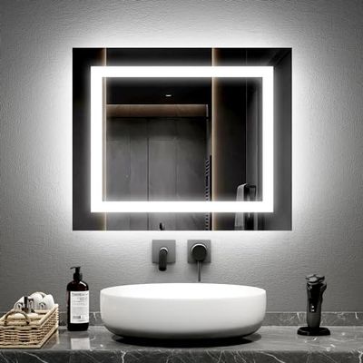 EMKE Espejo Luminoso baño 50x60 cm con Interruptor de botón, antiniebla, Dos Colores luz Blanca fría 6500K/caliente 3000K Espejo baño con función Memoria