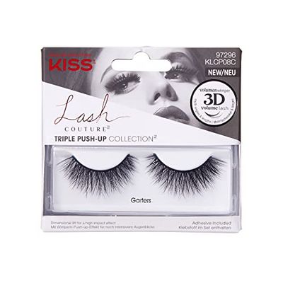 KISS Lash Couture Triple Push Up Collection 1 Pair of False Lashes, Garters, 3D Volume False Eyelashes, Cruelty-Free, Reusable includes Lash Glue