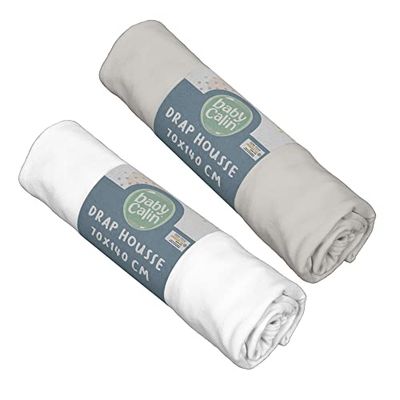 BabyCalin - Set van 2 hoeslakens wit/grijs, 70 x 140 x 17 cm