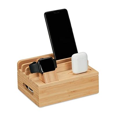 Relaxdays Stazione di Ricarica Multipla, Docking Station bambù, Apple Watch, Smartphone, AirPods, 11x17x13 cm, Naturale