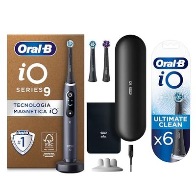Oral-B Spazzolino Elettrico iO9 e Ultimate Clean Testine Spazzolino Elettrico, 3+6 Testine, 1 Spazzolino, Sensore di Pressione, Display Interattivo, 7 Modalità, Custodia da Viaggio, Nero, Idea Regalo