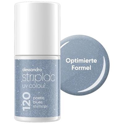 alessandro Striplac UV-nagellack Poetic Blues Shimmer – täckande och reptålig upp till 15 dagar – lätt att applicera – mild borttagningsteknik – vegansk – blå, 6,5 ml