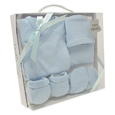 Duffi Baby Conjunto de primeira postura bebé recém-nascido 5 peças. Conjunto de presente bebé suave. Conjunto de primeira postura bebé com casacote, perna, gorro, babete e luvas. 100% algodão. Cor