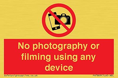 Cartello con scritta "No photography or filming using any device Sign", 75 x 50 mm, A8L