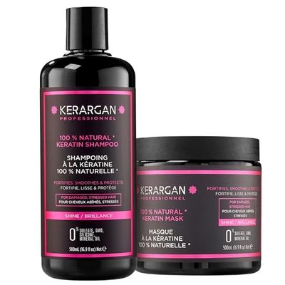 Kerargan - Keratin Shampoo and Mask to strengthen, moisturize and protect your hair - Ideal for straightening - For dry and damaged hair - Sulfate, paraben and silicone free - 2x500 ml