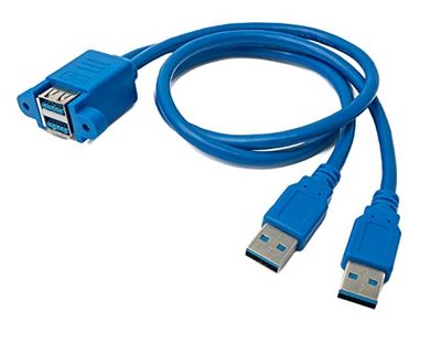 SYSTEM-S USB 3.0 Dubbele kabel 50 cm 2x Type A Mannelijk naar 2x Type A Socket Schroef in Blauw